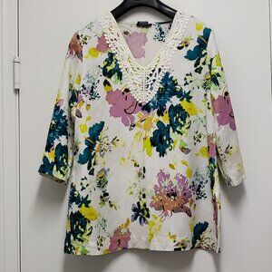 Premise Womens Top Large Linen Blend Boho Floral Lace Accent Coastal Cottagecore